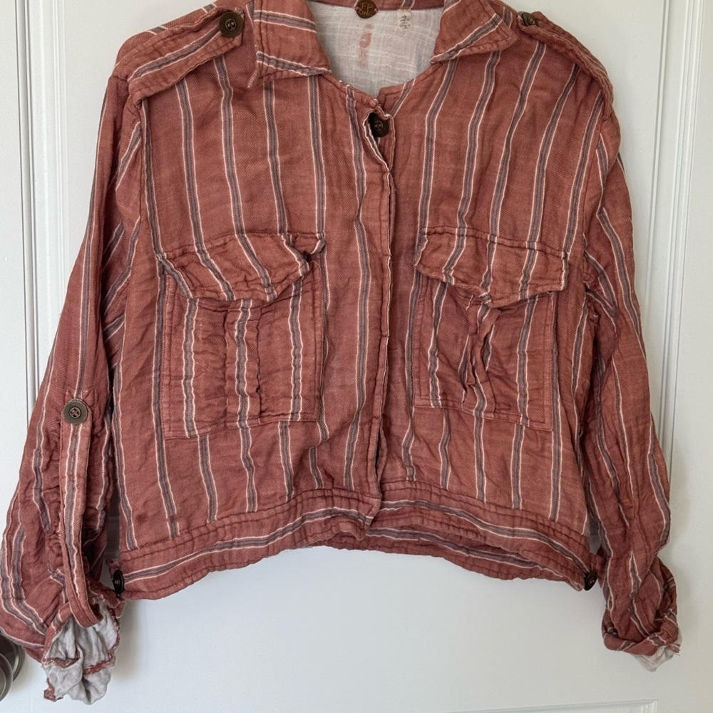 Free People One Striped Rust Utility Jacket with Button Flap Pockets